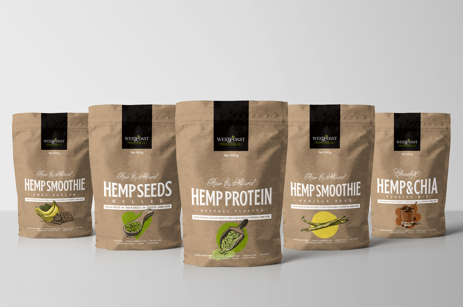 Wholefoods Natural Food Branding Graphic Packaging Design Coffee Hemp Seeds Protein Powder Pudding Pouches Fremantle Perth WA